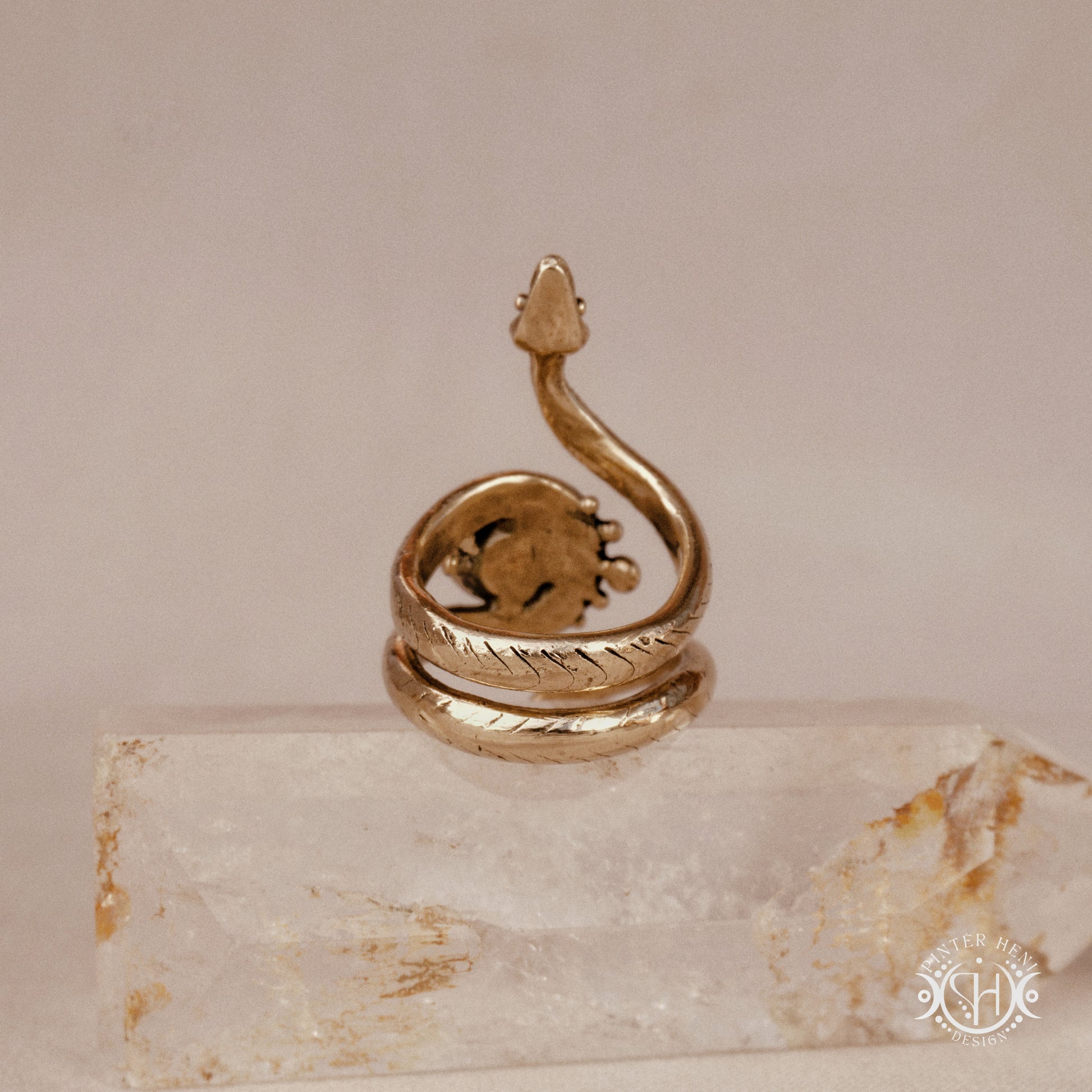 Handmade adjustable serpent ring set with prasiolite, sculptural wax carved design in brass, silver, or solid gold, back view