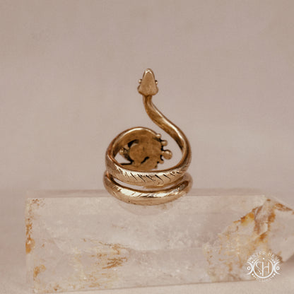 Handmade adjustable serpent ring set with prasiolite, sculptural wax carved design in brass, silver, or solid gold, back view