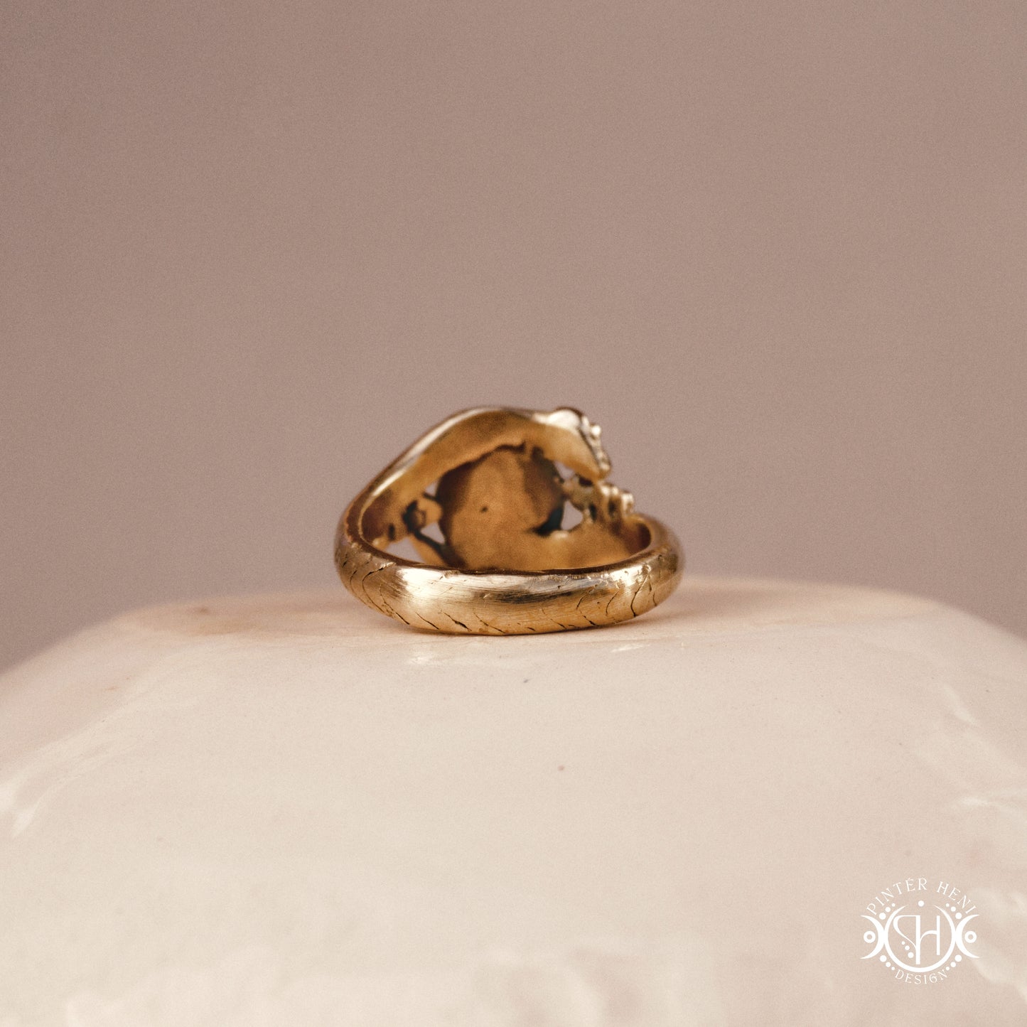 Handmade serpent ring set with moonstone, sculptural wax carved design in brass, silver, or solid gold, back part.