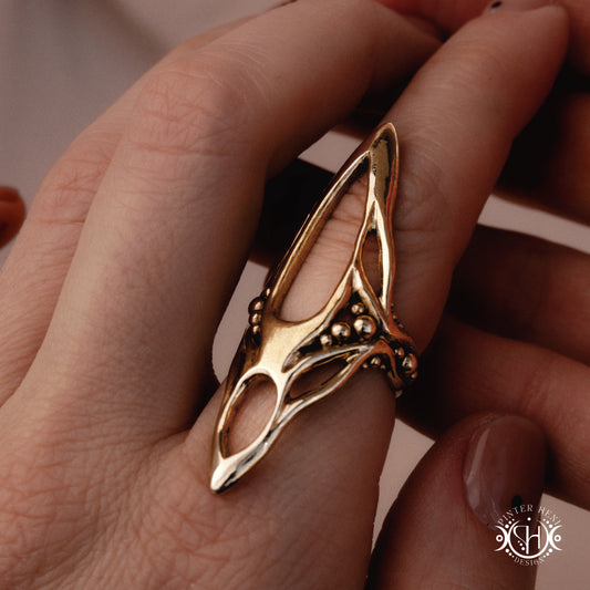 Zenith Ring sculptural vertical axial statement ring in brass, organic elongated handmade design, on hjand.